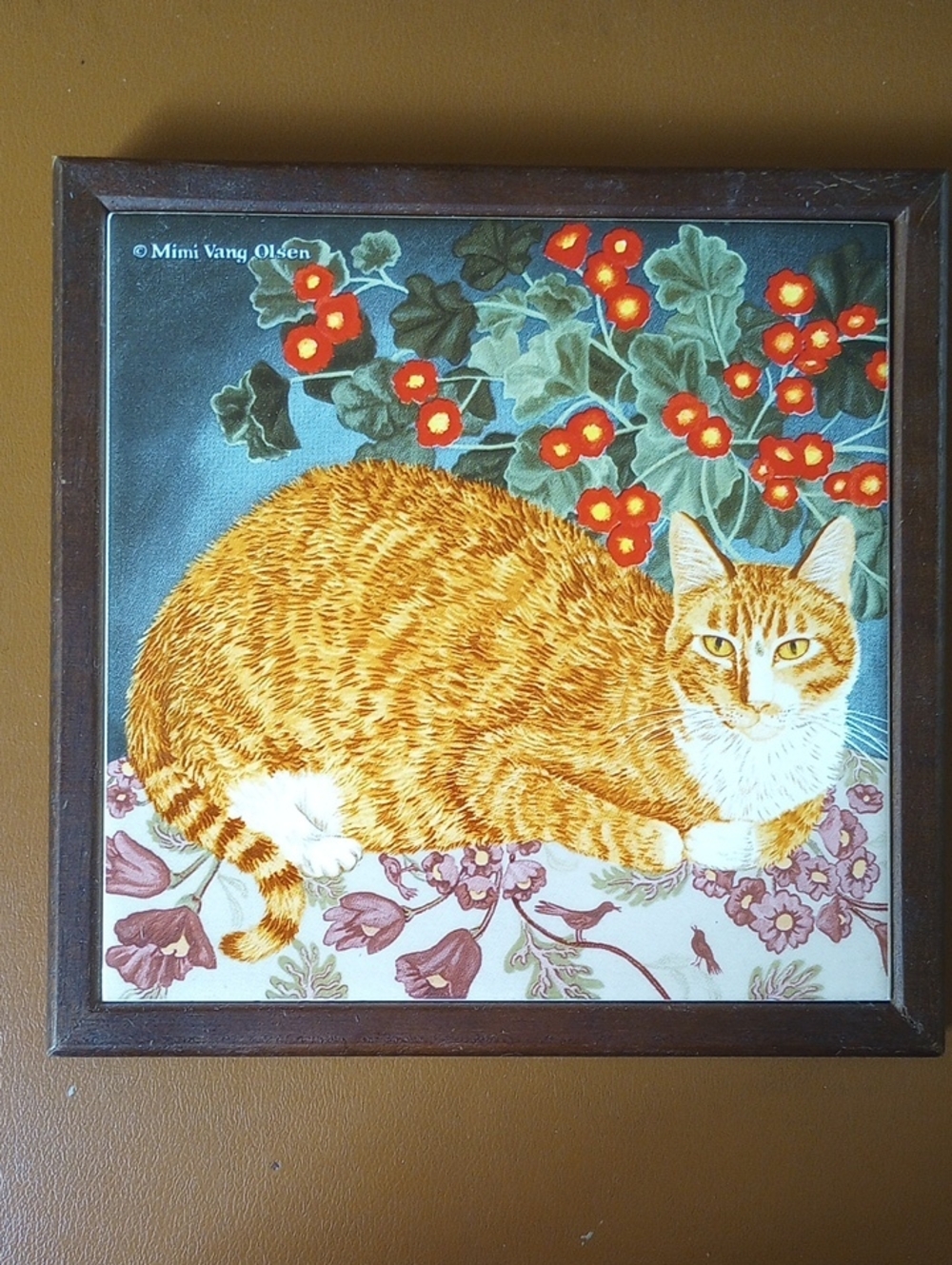 Avon Ceramic Tile Cat Trivet in Wood Frame. Orange Red White Green Yellow Brown
